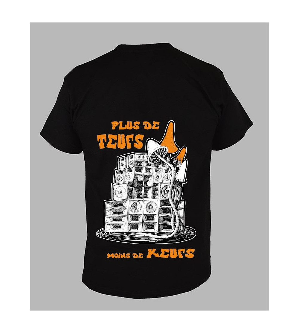 T-shirt  col V  '' Plus de teuf, moins de keufs '' - Fringue de free party'' - Fringue de free party
